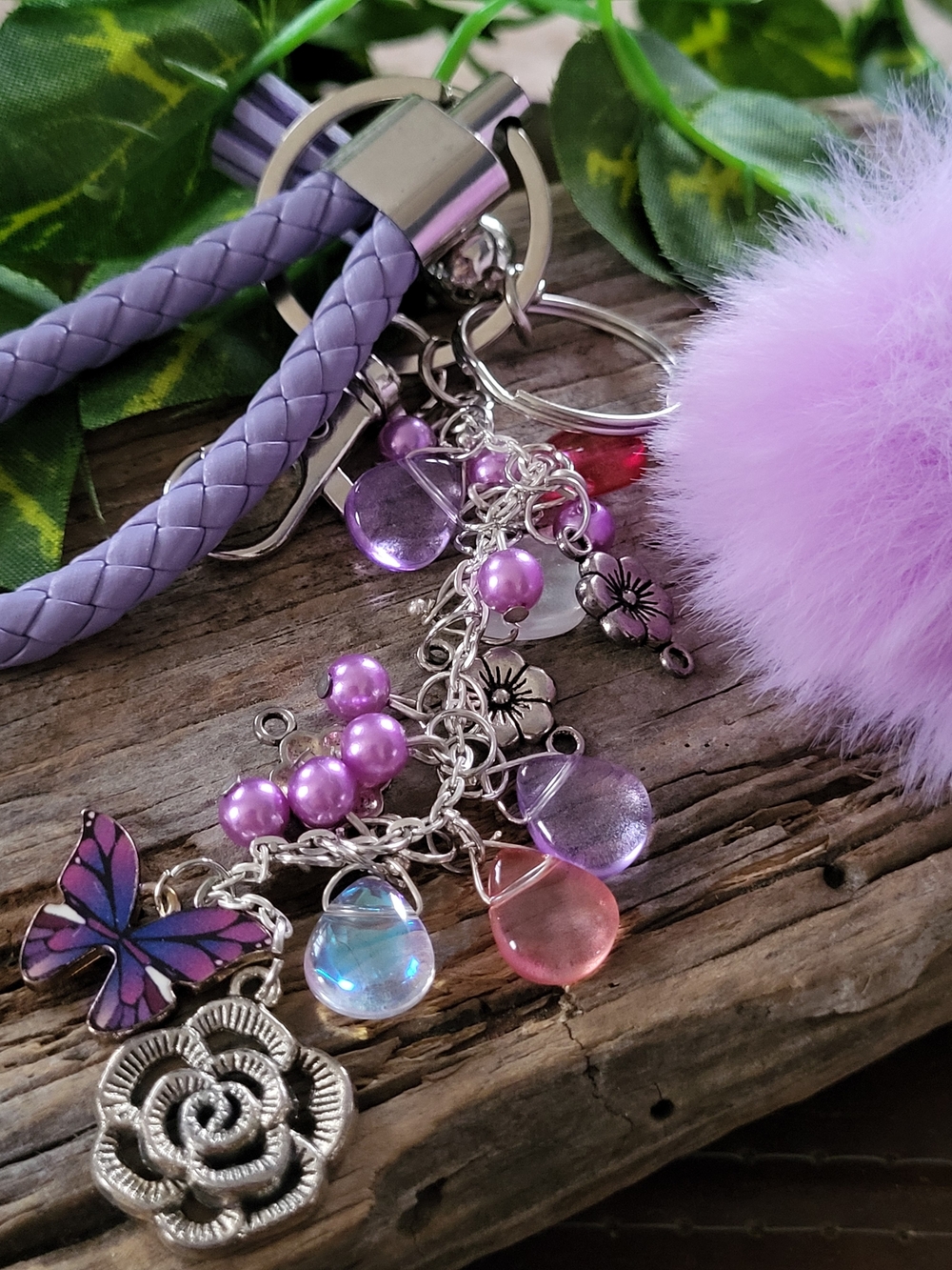 Lavender Charm Keychain with Purple Pom Pom and Multicolor Iridescent Beads